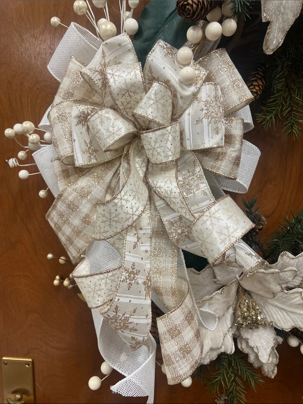 White & Cream Poinsettia Holiday Wreath with Pinecones